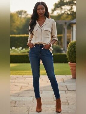 Notations Woman Beige Satin Blouse Long Sleeve Chest Pockets Button Cuff -18W